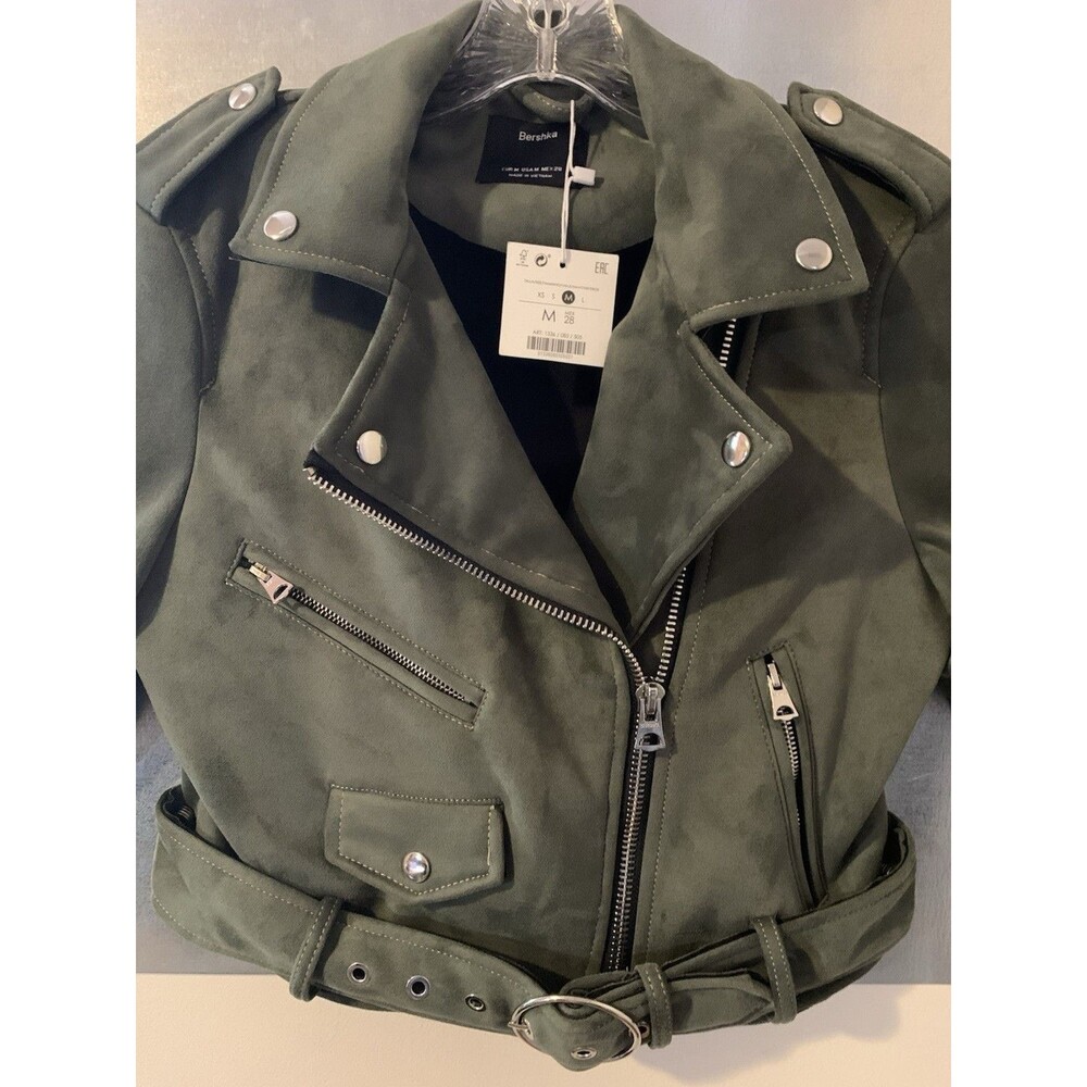 Moto Biker Eco-Suede Leather Jacket Olive Cropped Metallic M NEW w/Tag Bershka